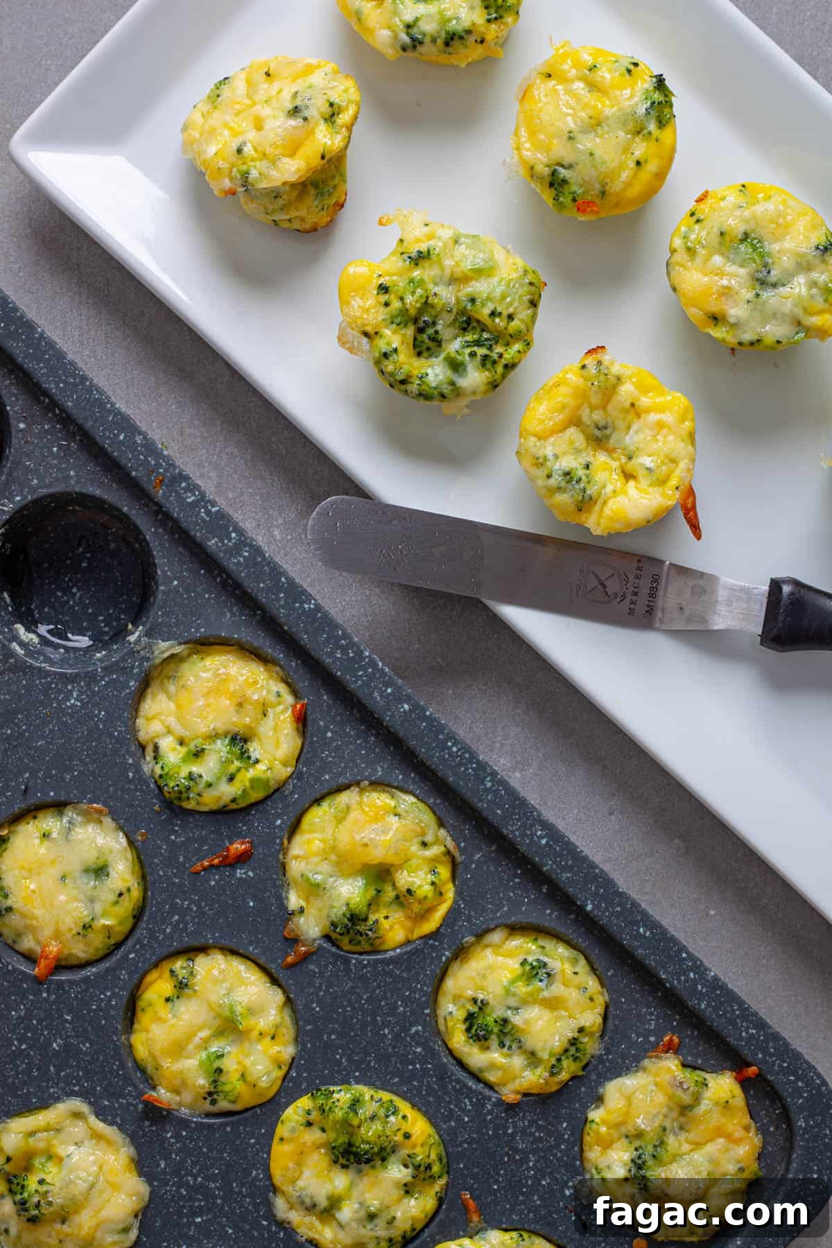 Broccoli Cheddar Mini Egg Bites: Protein-Packed Breakfast Bites 9 A plate of mini egg bites with broccoli and cheese with a mini muffin with more egg bites to the side.