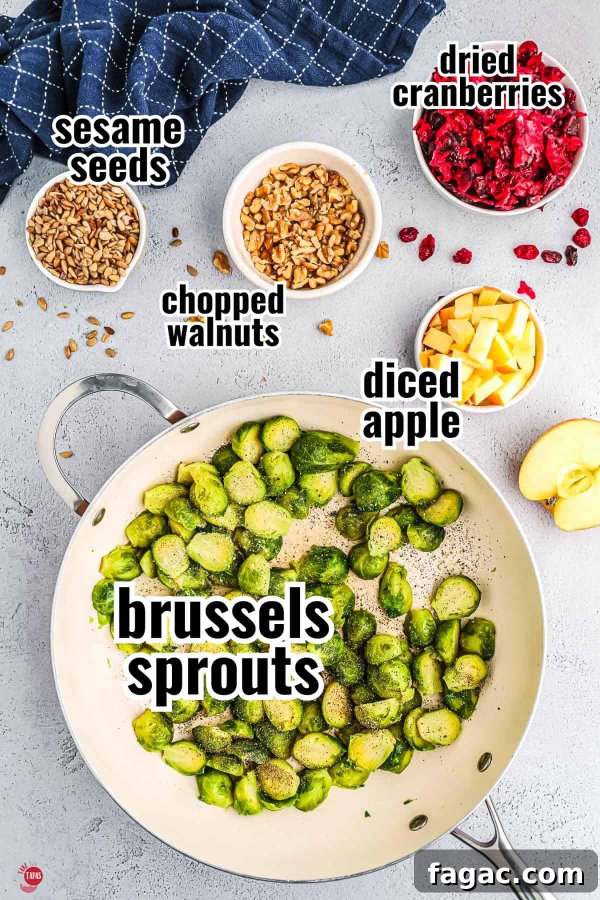 Shaved Brussels Sprouts and Cranberry Salad with Toasted Almonds 3 individual ingredients for a salad recipe with text overlay labeling them
