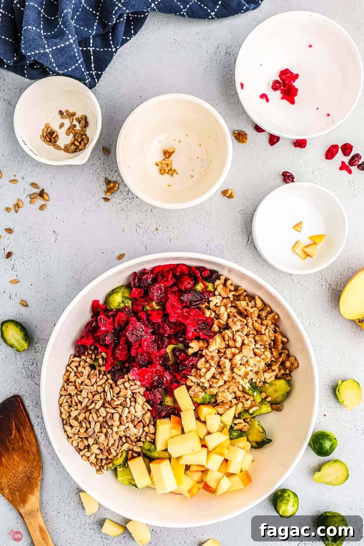 Shaved Brussels Sprouts and Cranberry Salad with Toasted Almonds 6 bowl filled with seeds, cranberries, and apples