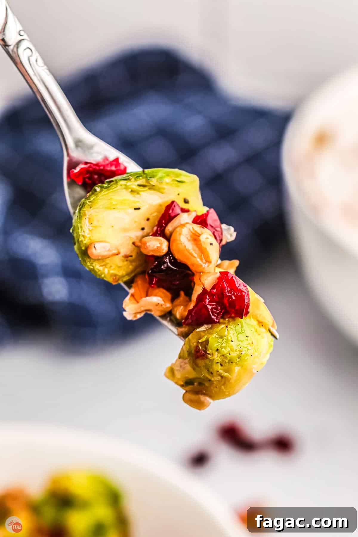 Shaved Brussels Sprouts and Cranberry Salad with Toasted Almonds 9 fork with bite of sprouts and cranberries