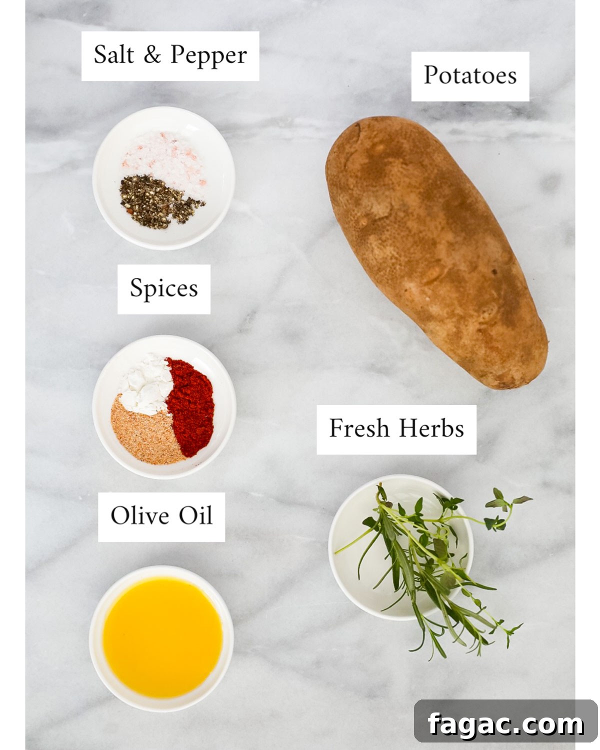 Labeled ingredients including: salt and pepper, potatoes, spices, fresh herbs, and olive oil