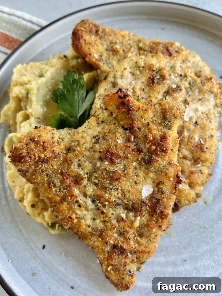 Baked chicken cutlets, Italian style, on plate with mashed potatoes and parsley garnish.