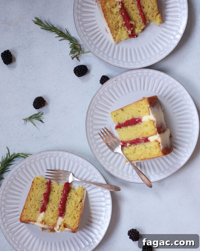 Lemon rosemary olive oil cake with blackberry curd and mascarpone buttercream