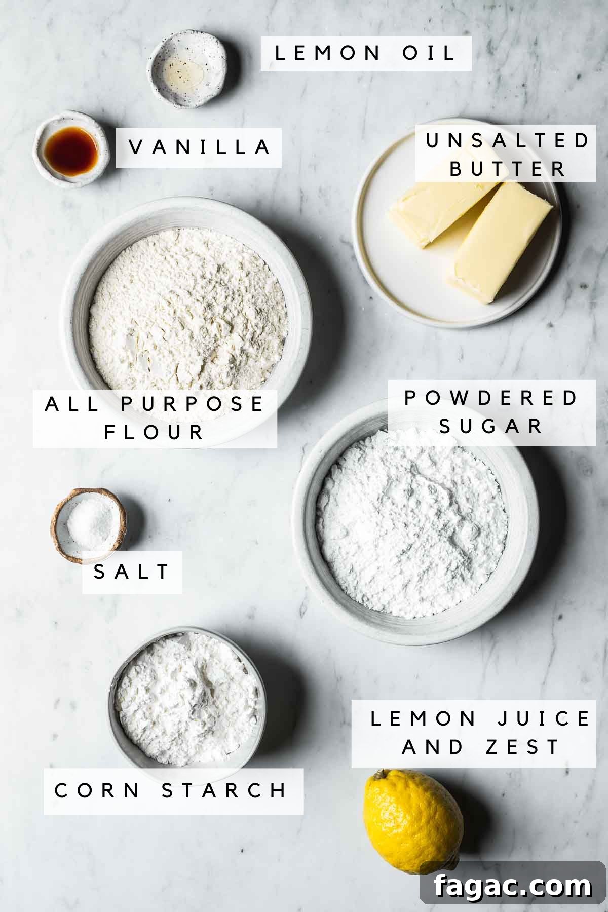 Labeled ingredients for citrus shortbread cookies.