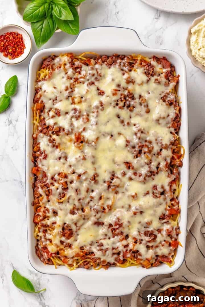 Bake. Overhead view of million dollar spaghetti in baking dish.