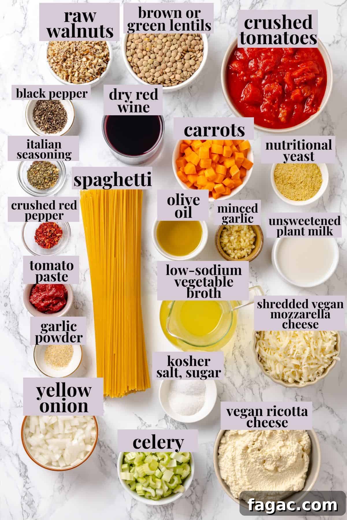 Vegan Million Dollar Spaghetti ingredients Overhead view of ingredients for million dollar spaghetti.