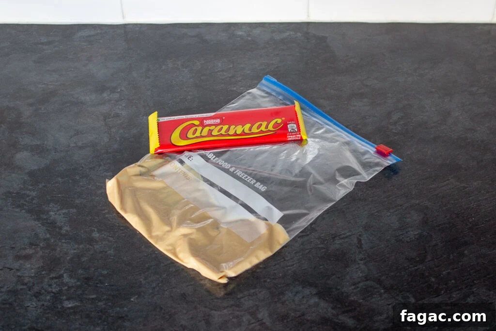 Quick Mars Bar Slice Recipe — No-Bake Chocolate Treat 10 Melted blonde chocolate in a plastic zip lock bag.