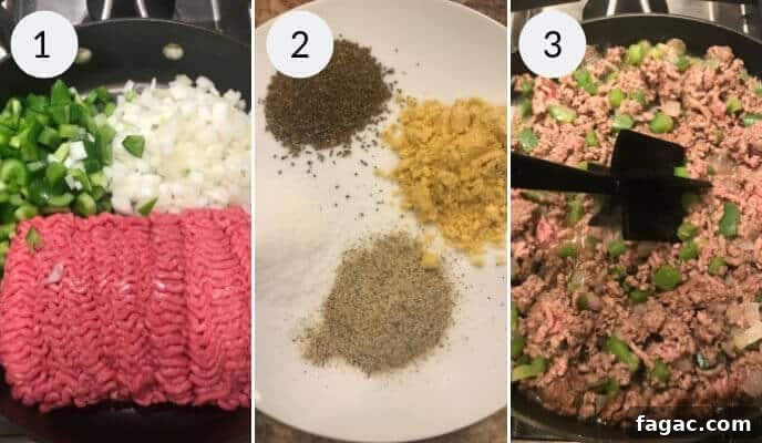 Three-step Wimpies cooking process: 1. Raw ground meat, onions, and green peppers in a skillet. 2. Various spices on a white plate. 3. Cooked ground meat mixed with onions and green peppers in a skillet for easy Sloppy Joes.