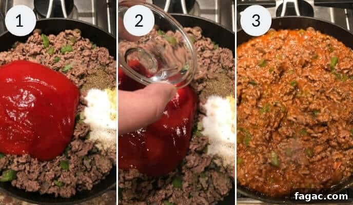  1. Ground beef, green peppers, and spices in a pan topped with ketchup and sugar. 2. Liquid being added to the pan. 3. Ingredients mixed and cooked together.