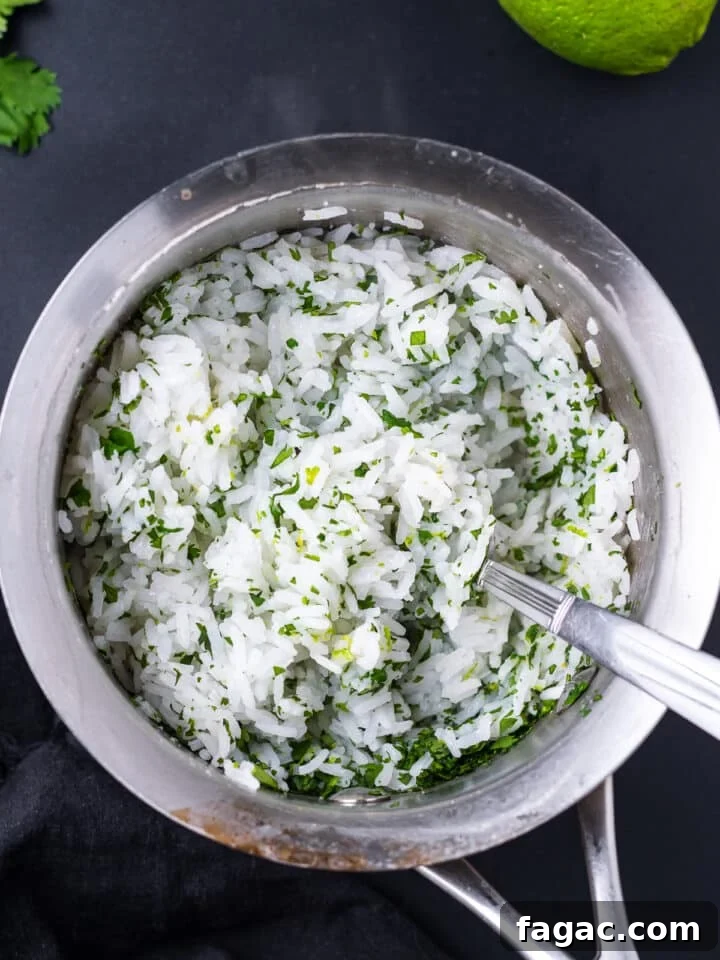 pot with cilantro lime rice and serving spoon