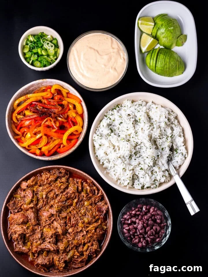 assembly line with all of the components to make beef burrito bowls