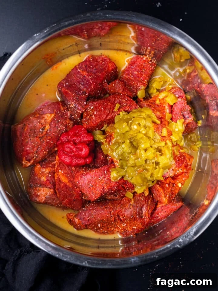 instant pot with seasoned beef chunks, orange juice, tomato paste and green chiles