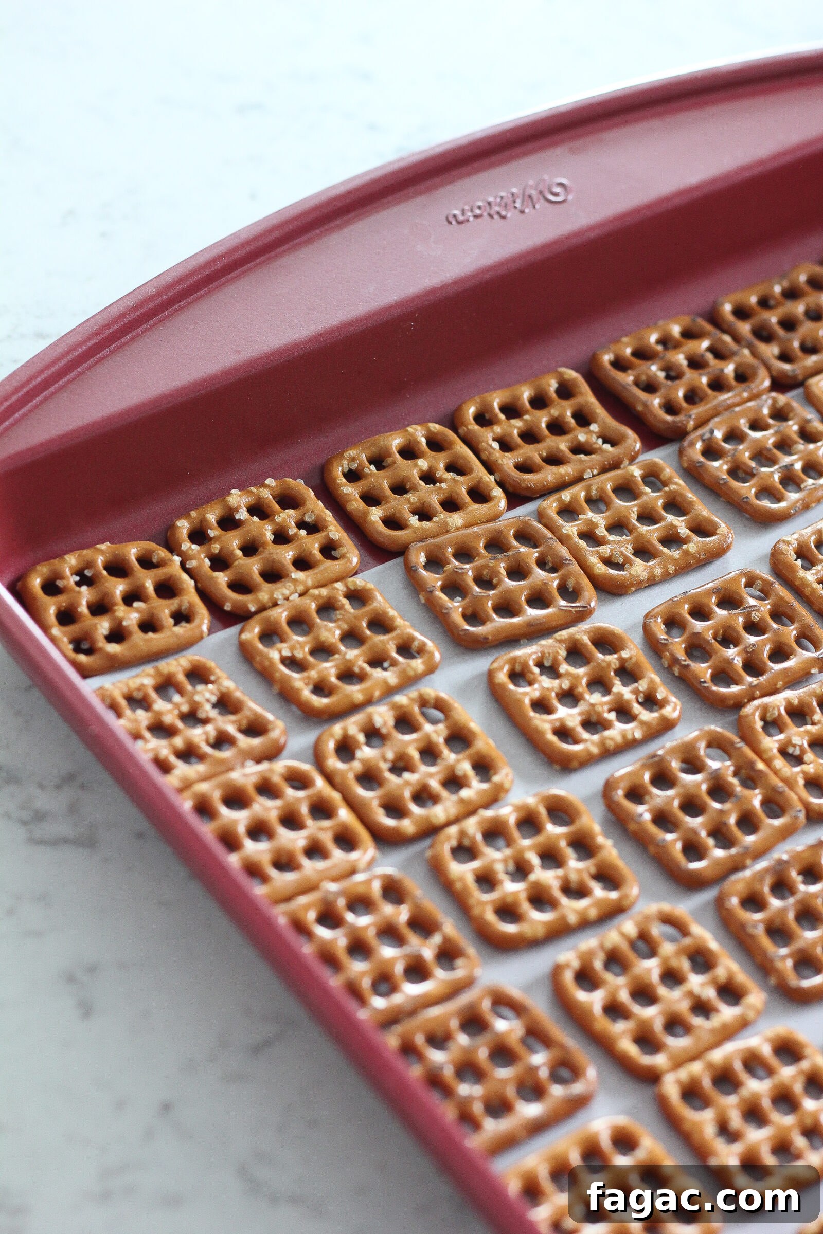 Pretzels lined up with Rolos