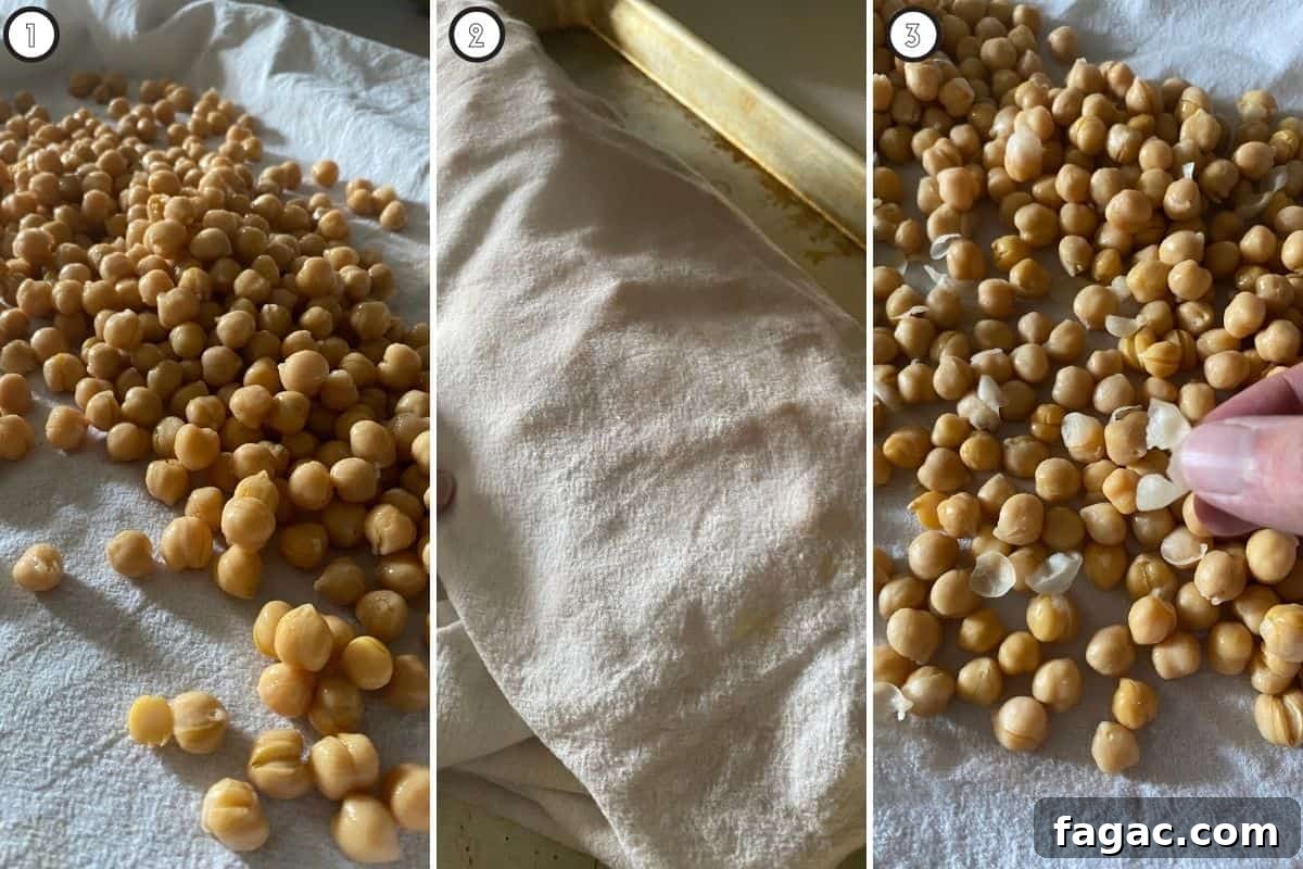 Crispy Roasted Chana (India’s Spiced Crunchy Chickpeas) 4 Three panel collage showing how to dry and peel skin off chickpeas before roasting
