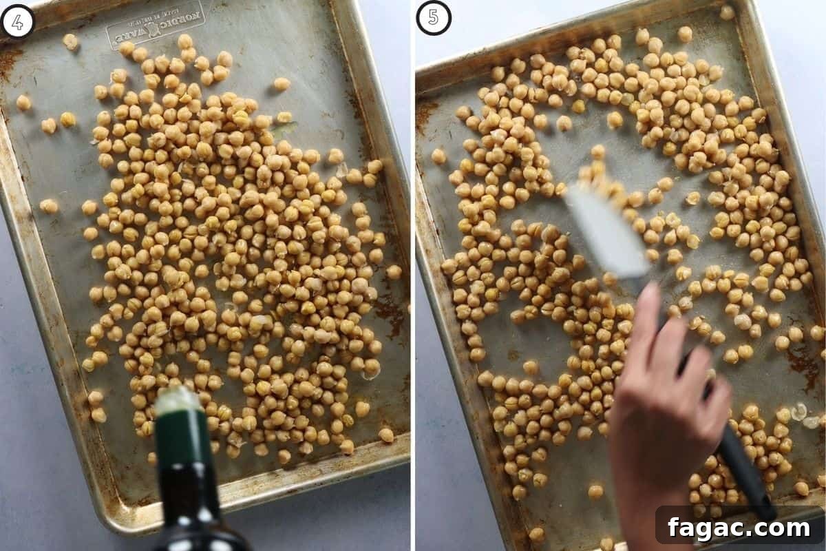 Crispy Roasted Chana (India’s Spiced Crunchy Chickpeas) 5 Two panel collage showing how to drizzle chickpeas with oil and spread them on baking sheet