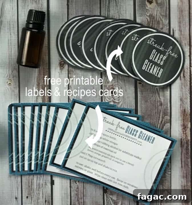 Streak-Free Homemade Glass Cleaner for Windows & Mirrors 4 Printable labels and recipe cards