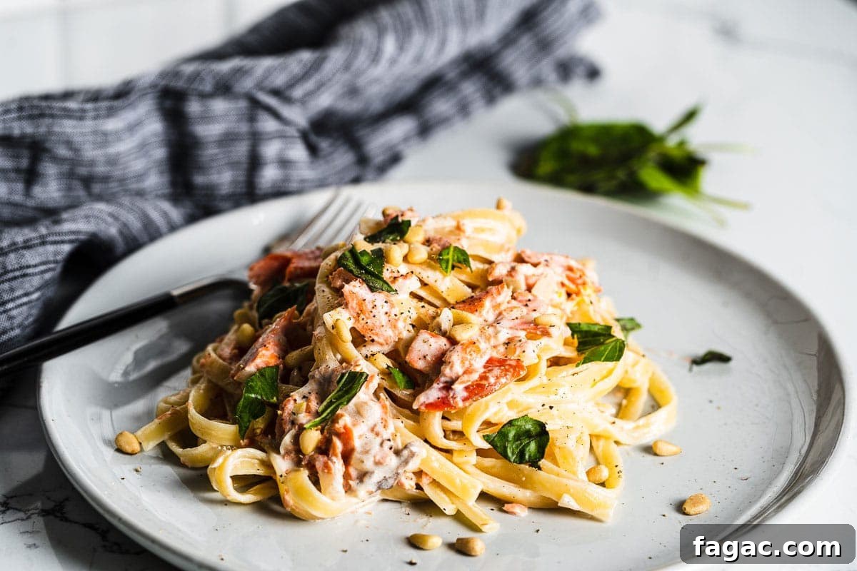 Creamy Smoked Salmon Pasta with Lemon and Dill 10 smoked salmon pasta on plate side view horizontal