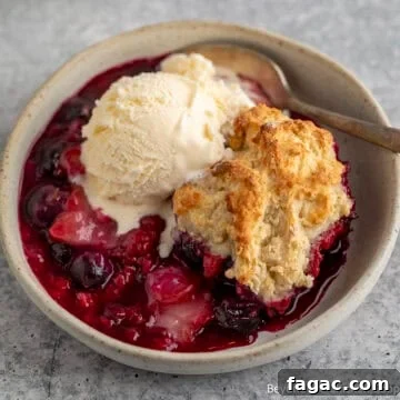 Triple Berry Cobbler topped with a scoop of ice cream.