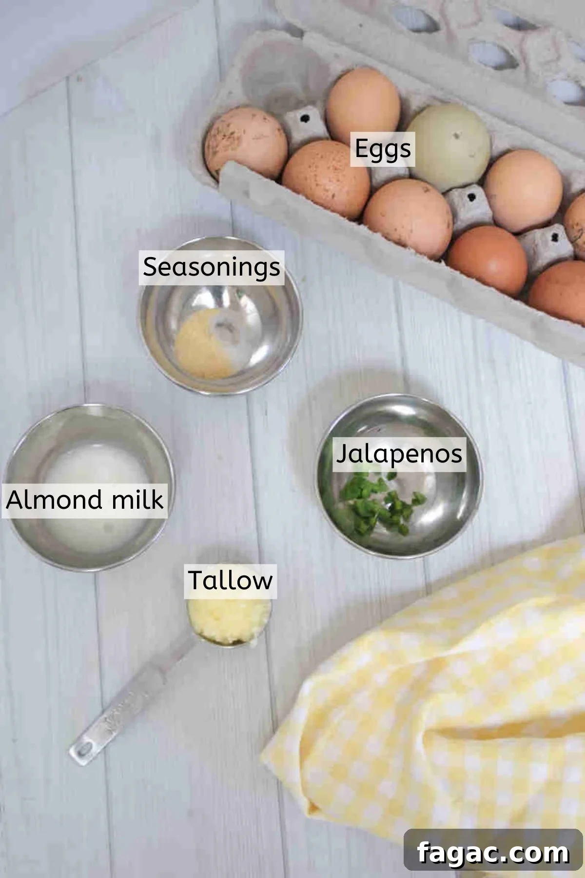 Ingredients to make milk free scrambled eggs in measuring cups with text over top.