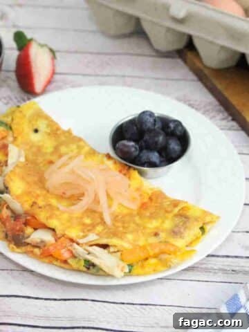 Chicken, pepper, and spinach omelet on a white plate with a side of blueberries and topped with kimchi.