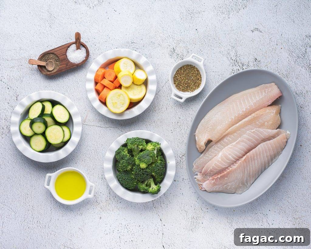 ingredients for instant pot fish: tilapia, chopped vegetables, olive oil, salt and pepper