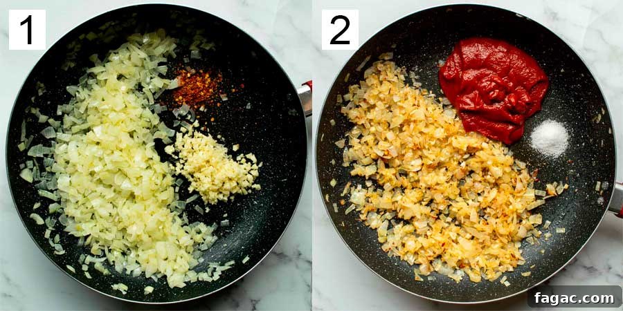 20-Minute Creamy Vegan Tomato Pasta Recipe 5 Split image with a pan of chopped onions garlic and chili flakes, and cooked onions with tomato paste.