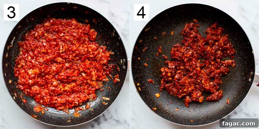 20-Minute Creamy Vegan Tomato Pasta Recipe 6 Tomato paste reduction in a pan, darkened and condensed.
