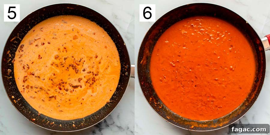 20-Minute Creamy Vegan Tomato Pasta Recipe 7 Pan with pale orange liquid turning into a thick orange sauce.