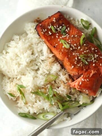 Air Fryer Honey Garlic Salmon filet over rice.
