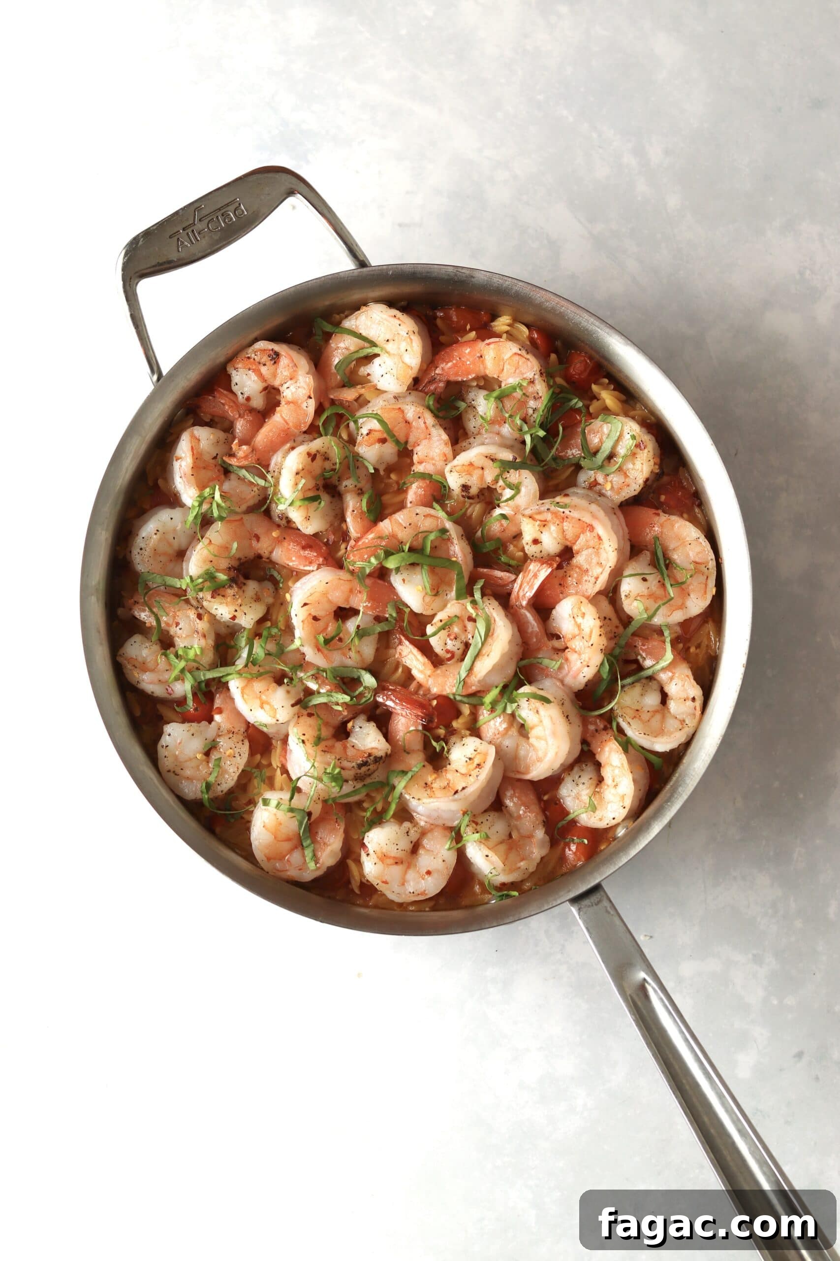 One-Pot Shrimp and Tomato Orzo with Garlic and Basil 7 cooked shrimp on top of orzo with basil.