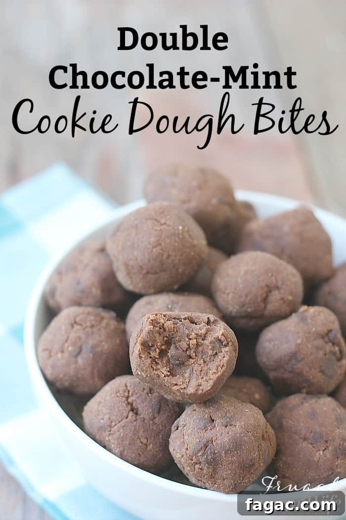 Double Chocolate Peppermint Cookie Dough Bites: Guilt-Free Holiday Treat 2 Image shows a close up of a bowl of chocolate cookie dough balls in a white bowl. Text above reads "Double Chocolate-Mint Cookie Dough Balls"