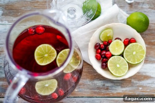 A pitcher of punch with a bowl of sliced limes and cranberries next to it.
