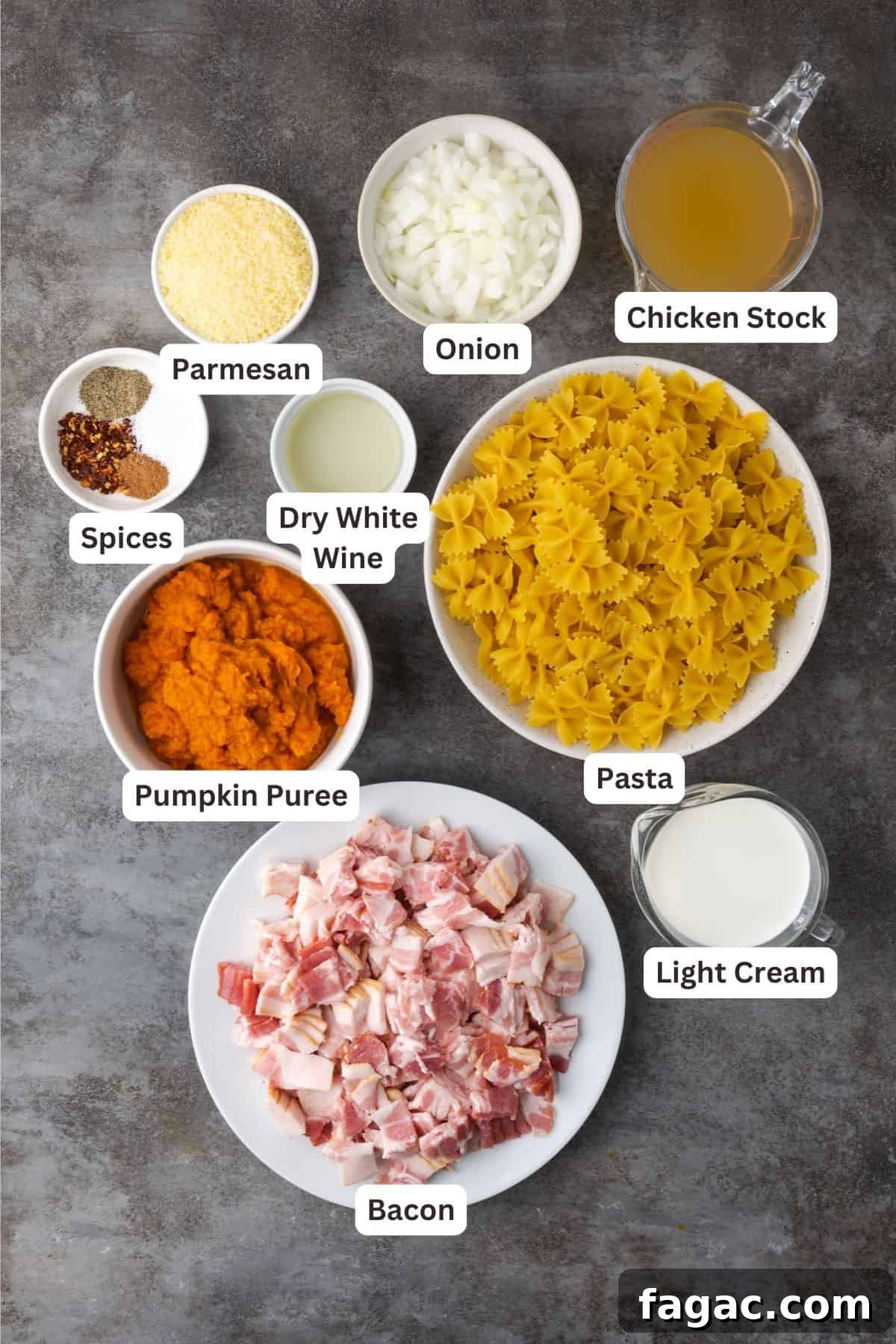 Ingredients for Creamy Pumpkin and Bacon Pasta.