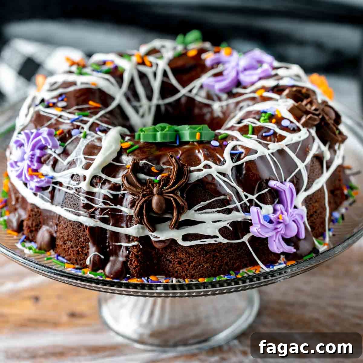 Chocolate bundt cake on a cake stand, decorated with candy spiders and marshmallow webs
