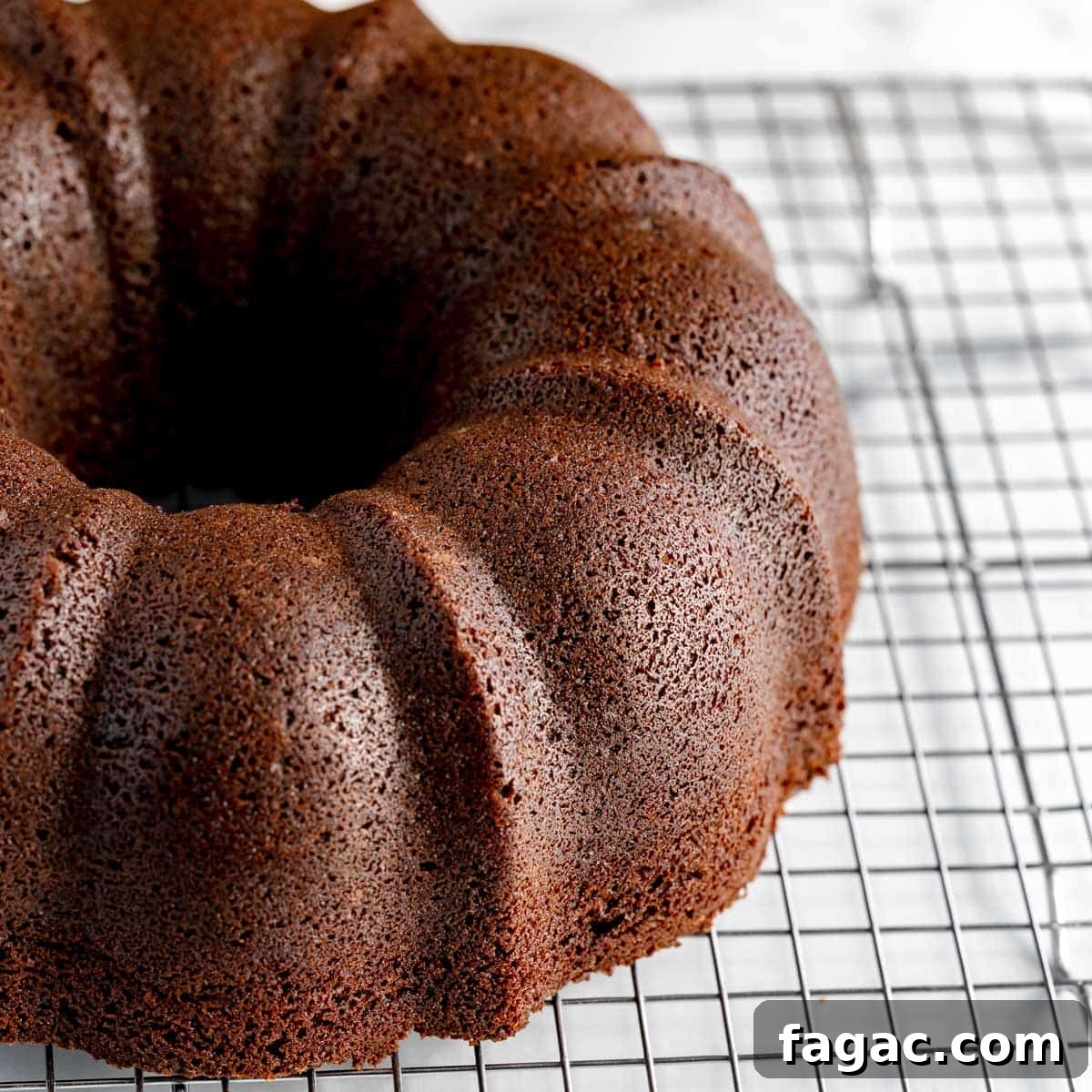 Baked chocolate bundt cake on a wire rack