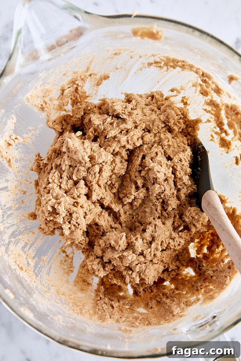 Chewy Homemade Iced Oatmeal Cookies Recipe 12 Oatmeal cookie dough in glass mixing bowl with spatula