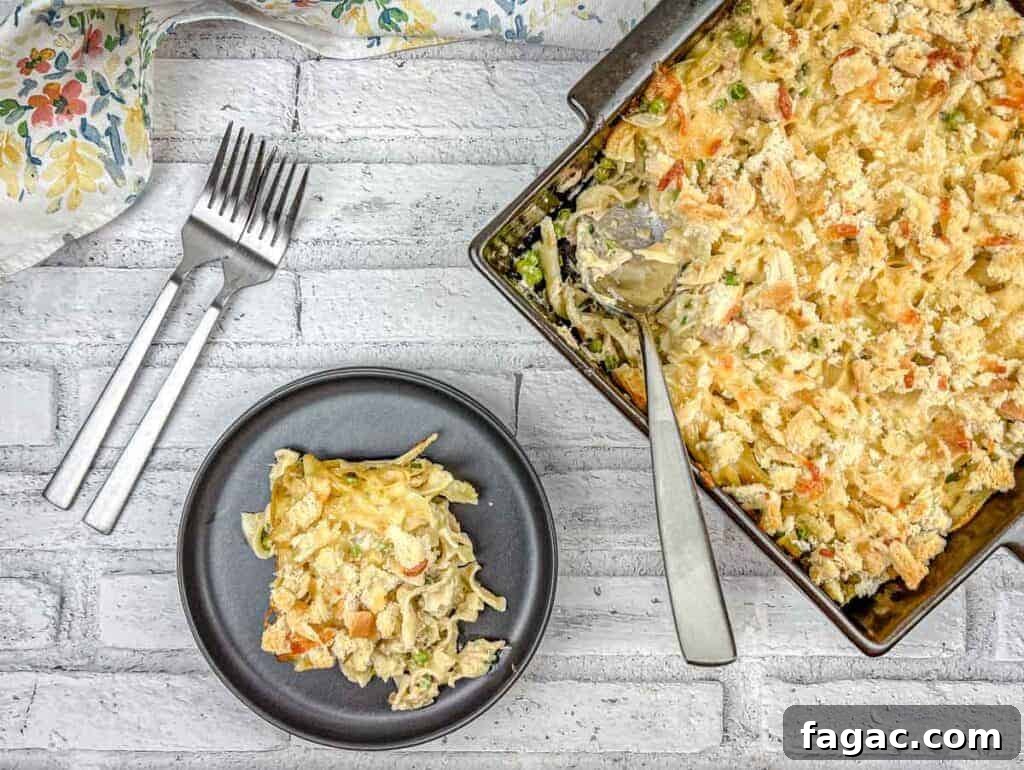 23 Classic Casseroles That Taste Like Grandma’s Comfort Cooking 18 Top-down shot of Tuna Noodle Casserole on a dish with a small portion on a black plate.