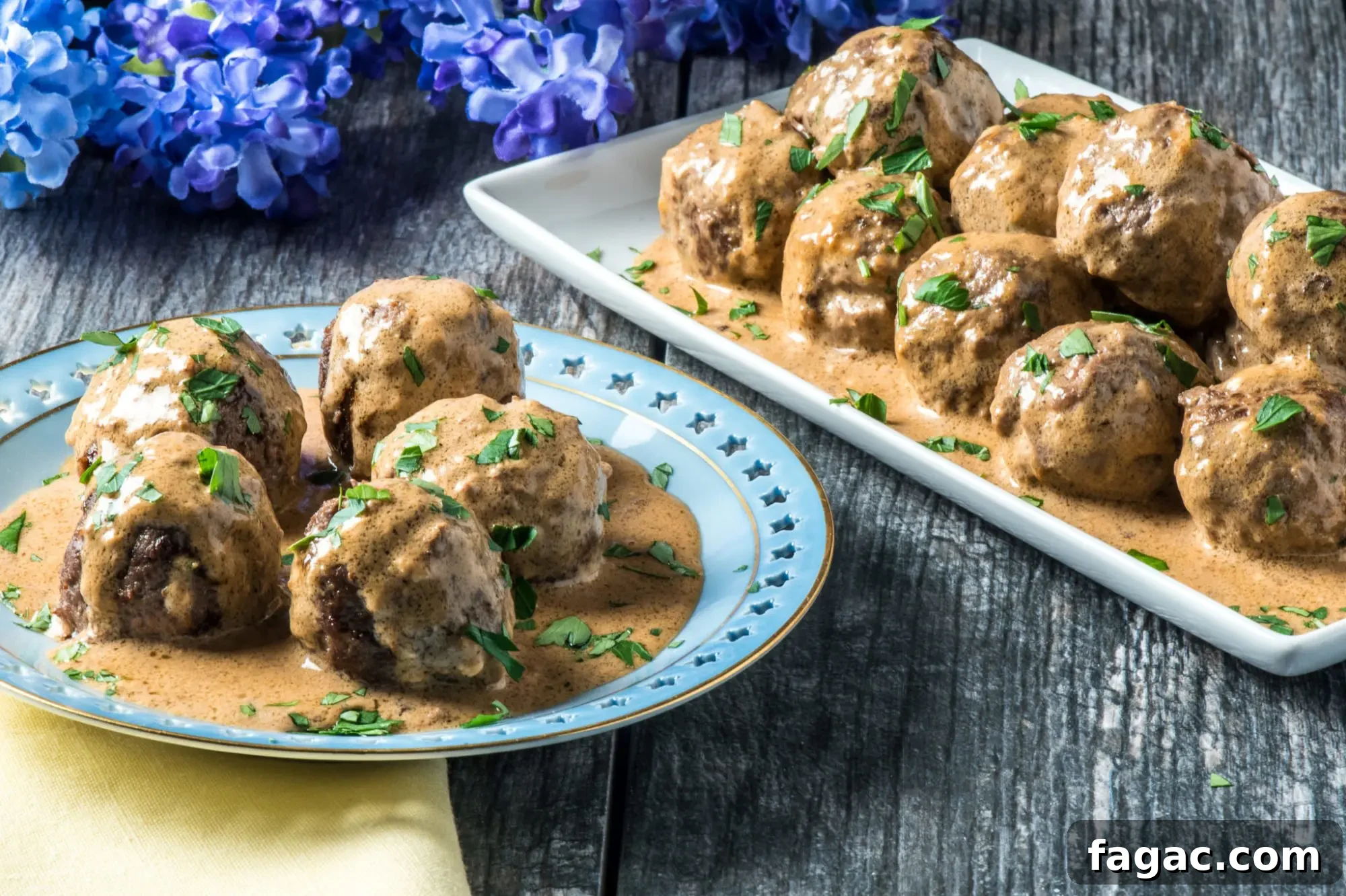 Low-Carb Swedish Meatballs in Creamy Sauce 2 Swedish meatballs on a plate
