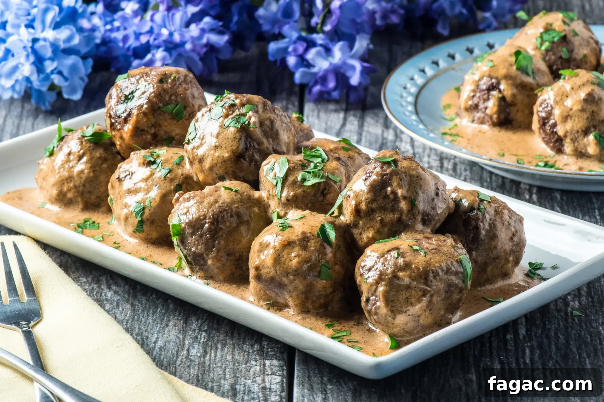 Low-Carb Swedish Meatballs in Creamy Sauce 7 Plated Swedish meatballs