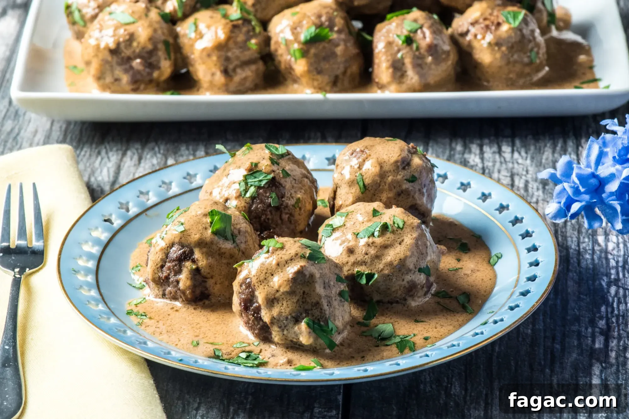 Low-Carb Swedish Meatballs in Creamy Sauce 4 Meatballs on serving plate