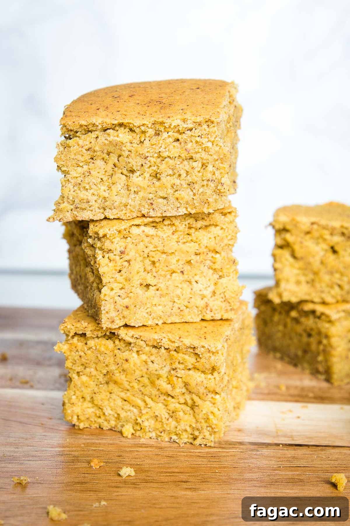 Gluten-Free Vegan Cornbread Made with Pureed Corn Kernels 2 3 square pieces of gluten-free vegan cornbread stacked.