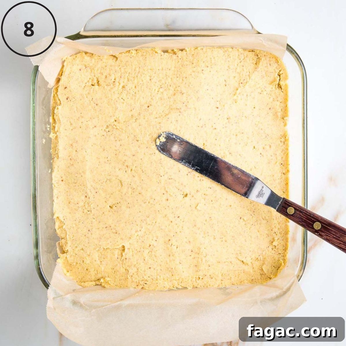 Gluten-Free Vegan Cornbread Made with Pureed Corn Kernels 11 Square pan with cornbread batter being smoothed with offset spatula.