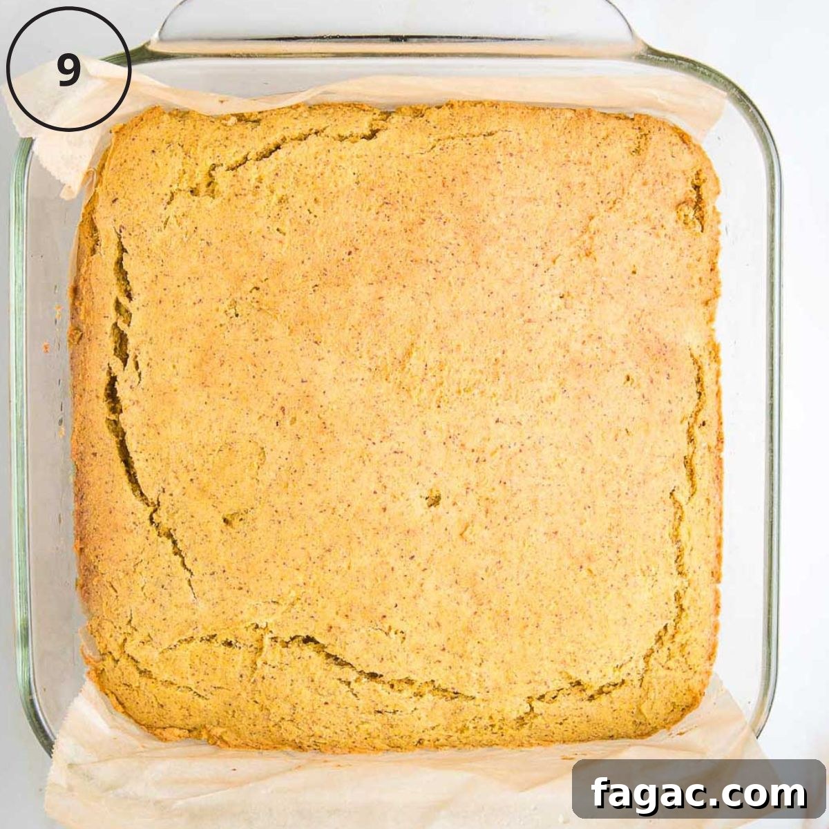 Gluten-Free Vegan Cornbread Made with Pureed Corn Kernels 12 Square pan with baked cornbread.