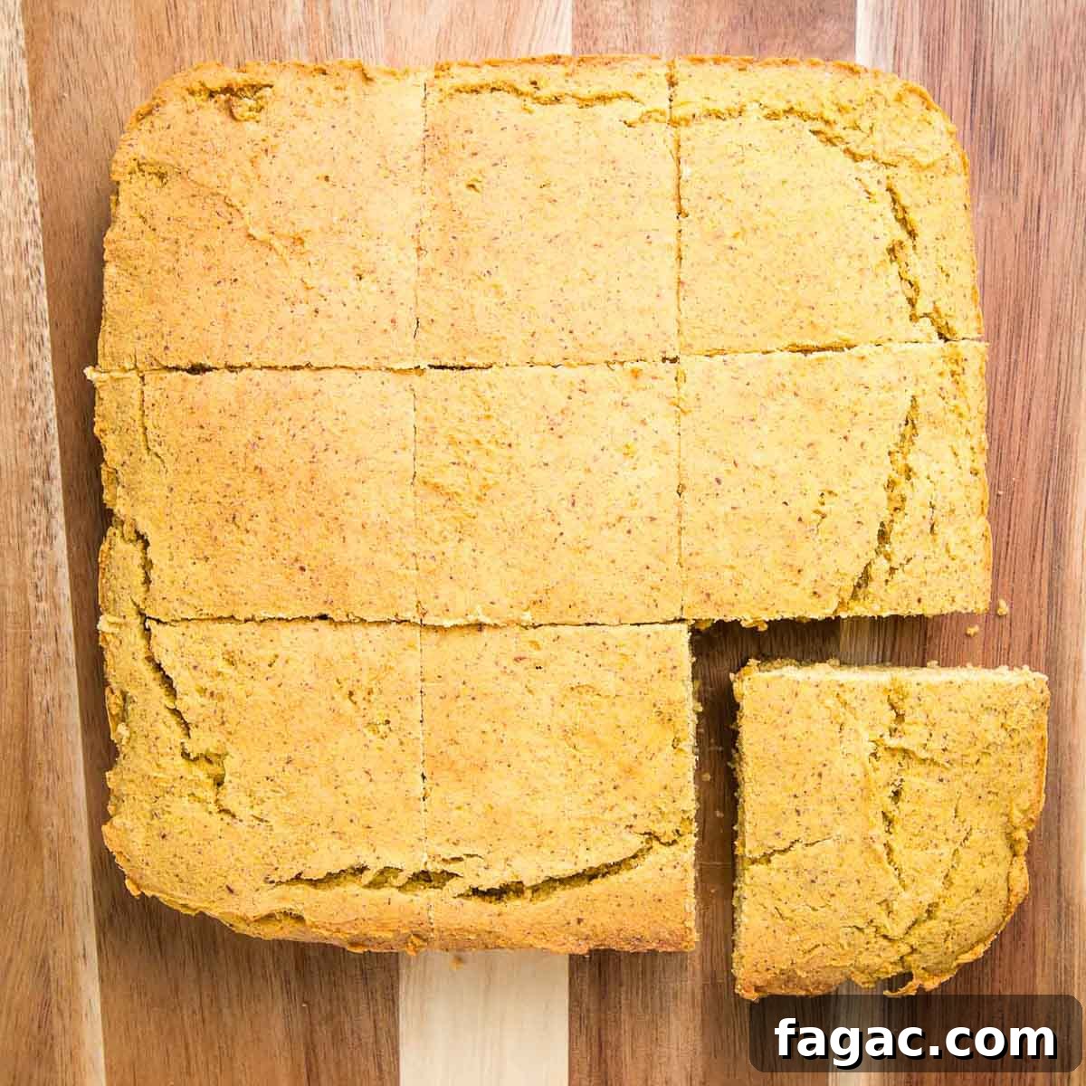 Gluten-Free Vegan Cornbread Made with Pureed Corn Kernels 13 Square cornbread cut into large squares.