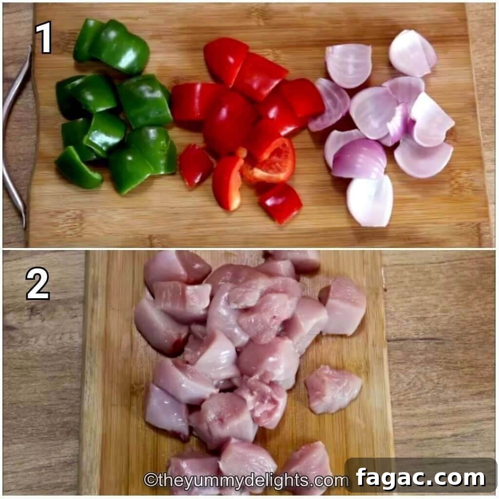 Chicken Shashlik Kebab Recipe: Juicy Grilled Indian-Style Skewers 3 Collage image of 2 steps showing preparations to make chicken shashlik. It shows chopping the onion, bell peppers and chicken into cubes.
