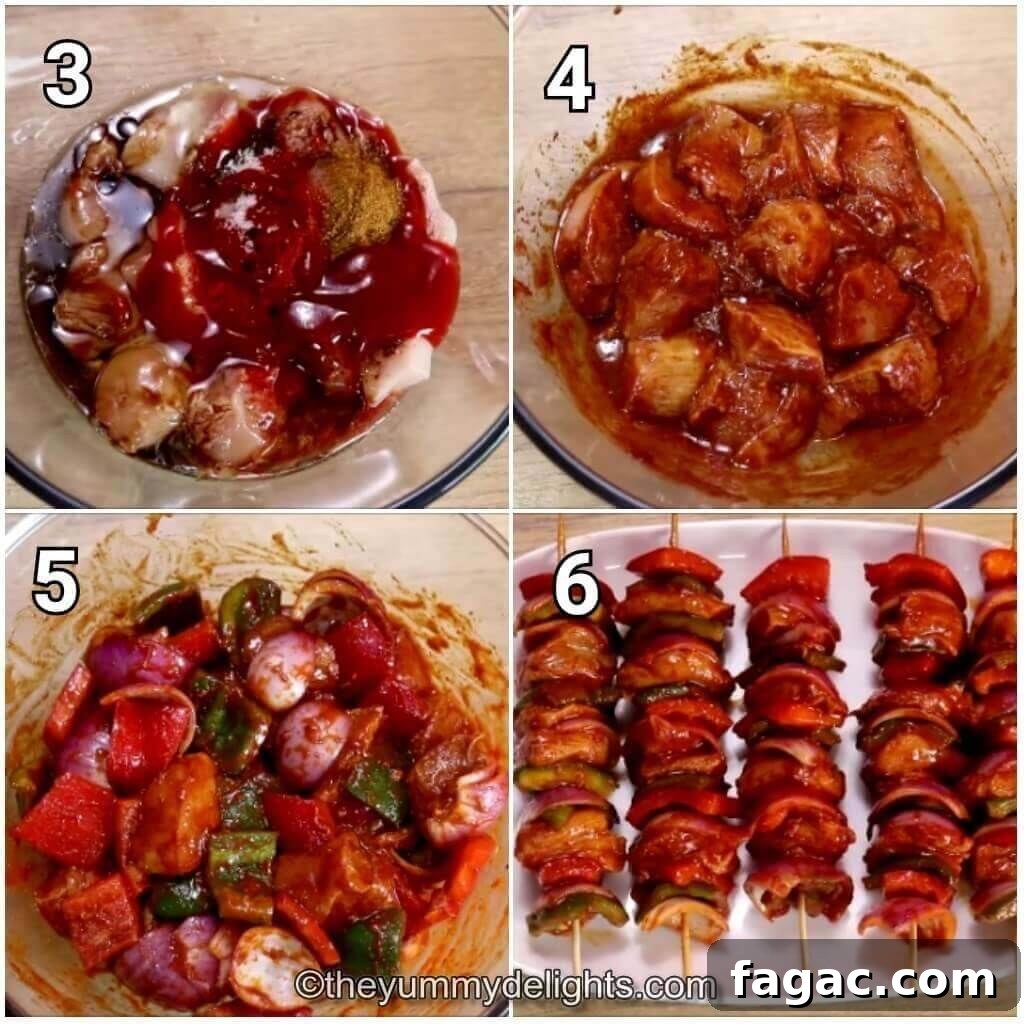 Chicken Shashlik Kebab Recipe: Juicy Grilled Indian-Style Skewers 4 Collage image of 4 steps showing how to make shashlik kebabs. It shows marinating the chicken, vegetables and threading them on the wooden skewers.