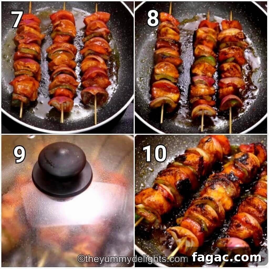 Chicken Shashlik Kebab Recipe: Juicy Grilled Indian-Style Skewers 5 Collage image of 4 steps showing cooking the shashlik kebabs on a pan to make chicken shashlik.