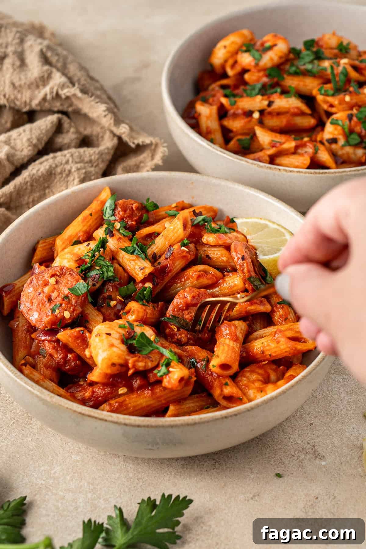 A hand taking a bite of the pasta with a fork.