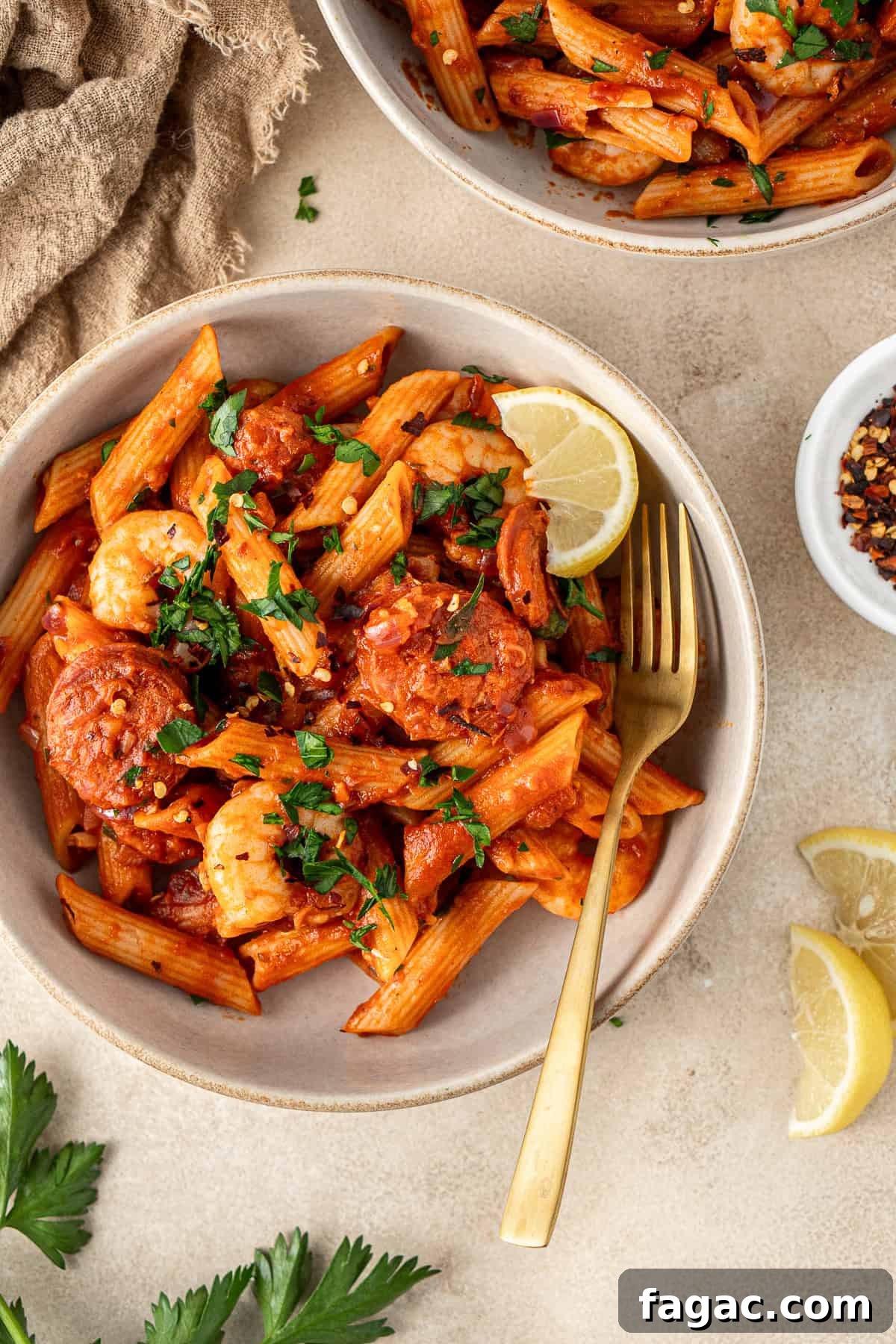 Close up of a bowl of prawn and chorizo pasta with a gold fork.