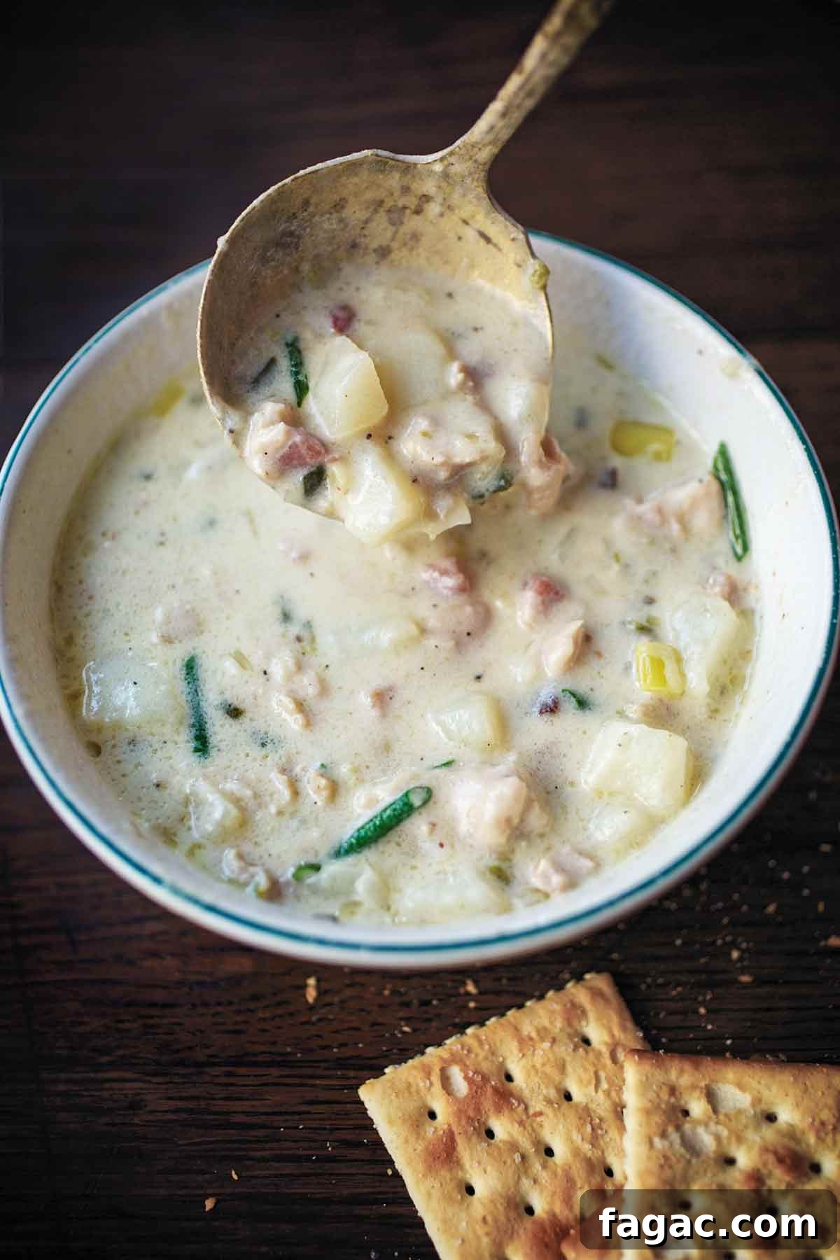 Classic New England Clam Chowder Recipe – Creamy & Authentic 2 A bowl of creamy New England clam chowder with clams, potatoes, leeks, shallots, cream, and chives